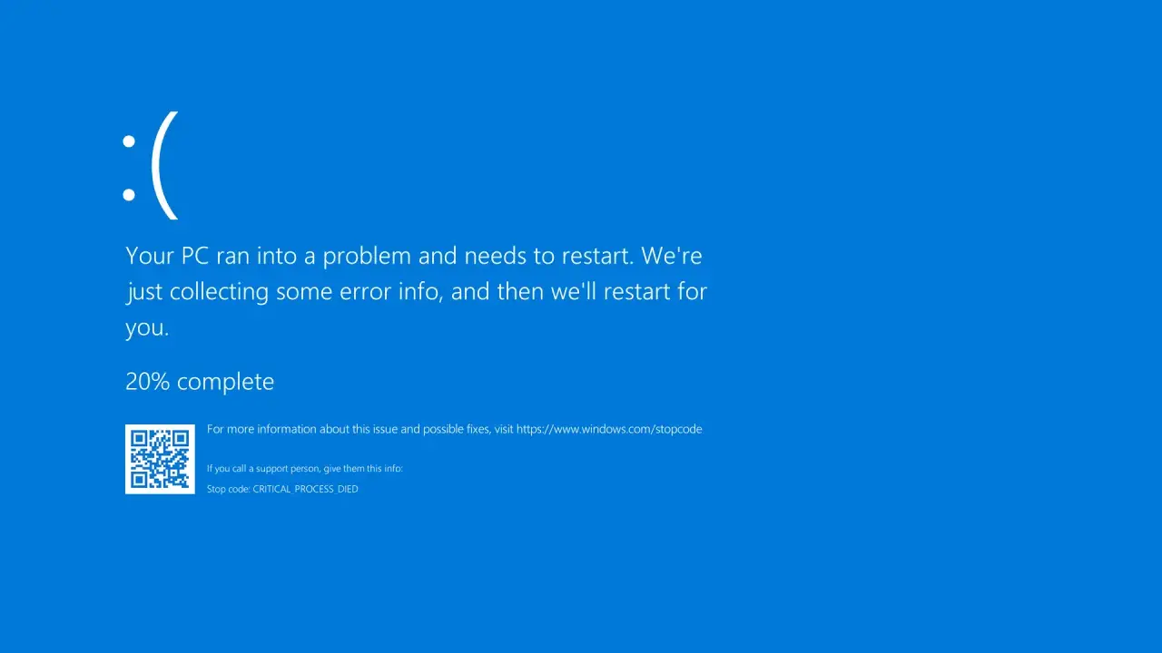 Niebieski ekran śmierci Windows z komunikatem o błędzie CRITICAL_PROCESS_DIED. Dziennik zdarzeń Windows zawiera szczegóły.