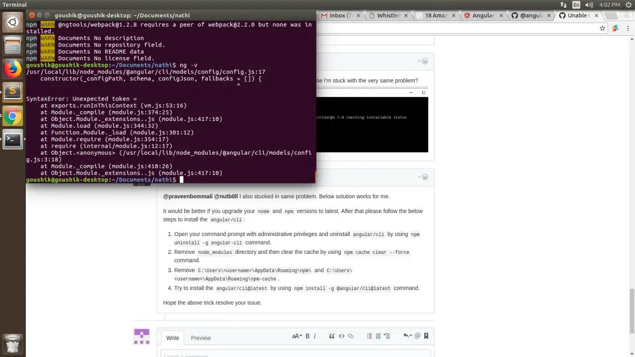 Błąd "ng command not found" w terminalu, po próbie uruchomienia ng -v. Widać też komunikaty npm i fragment dyskusji o rozwiązaniu problemu.
