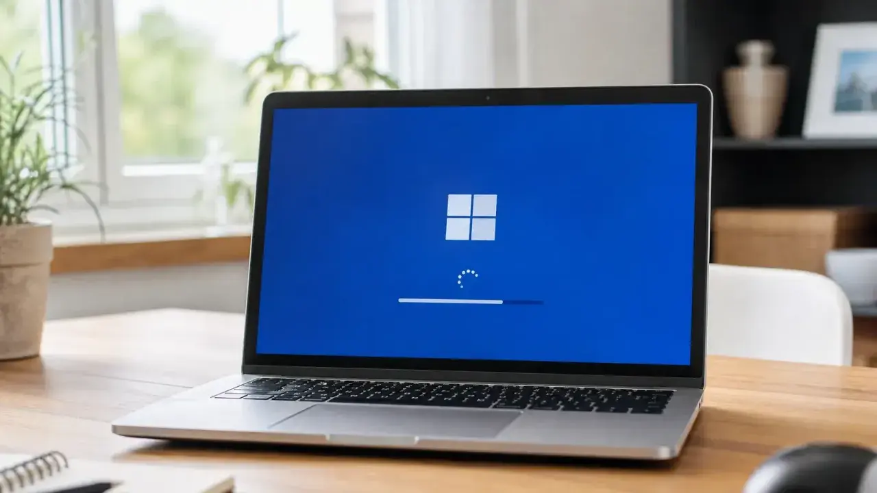 Laptop z niebieskim ekranem i logo Windows, postęp aktualizacji. Czekam na wsl update.