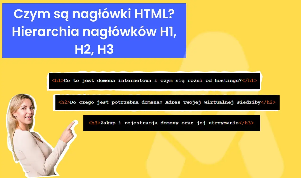 Kobieta wskazuje na nagł&oacute;wki HTML: H1, H2, H3. Wyjaśnia hierarchię i zastosowanie nagł&oacute;wk&oacute;w, np. do opisu domeny.
