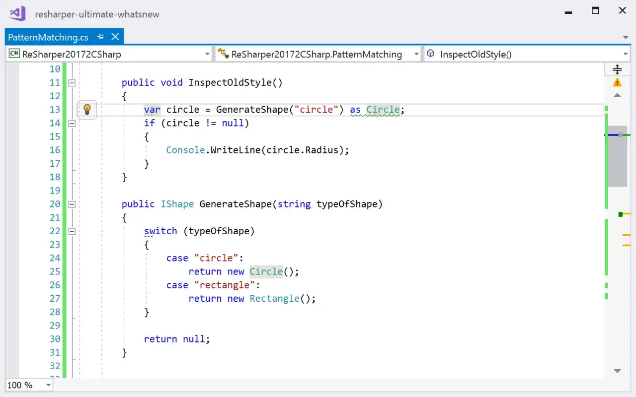 Kod C# z instrukcją `switch` do tworzenia kształt&oacute;w. Widać fragment kodu, gdzie `switch` obsługuje r&oacute;żne typy kształt&oacute;w.