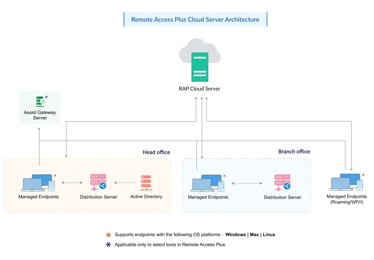 Architektura chmury Remote Access Plus z serwerem RAP, serwerem bramy, serwerami dystrybucji i Active Directory w biurze głównym i oddziale.