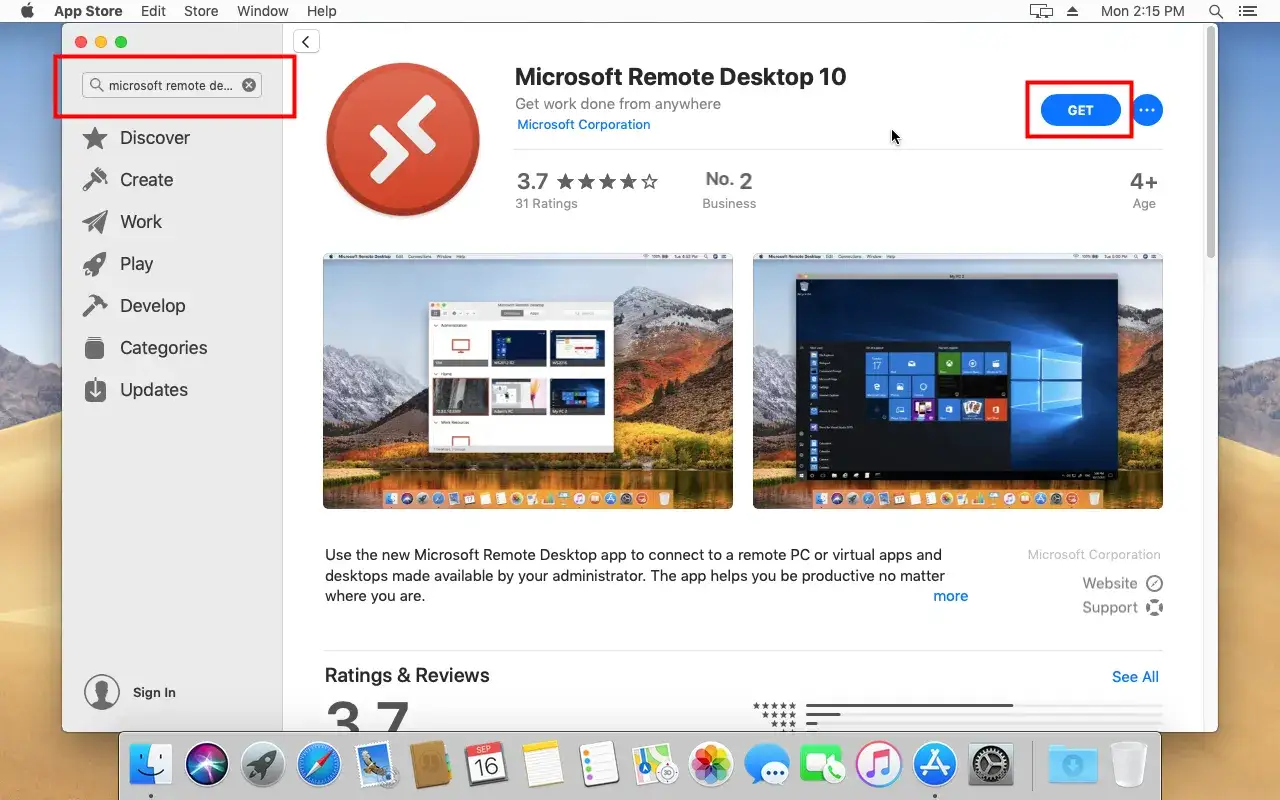 Microsoft Remote Desktop 10 na Mac. Wyszukiwanie aplikacji w App Store.