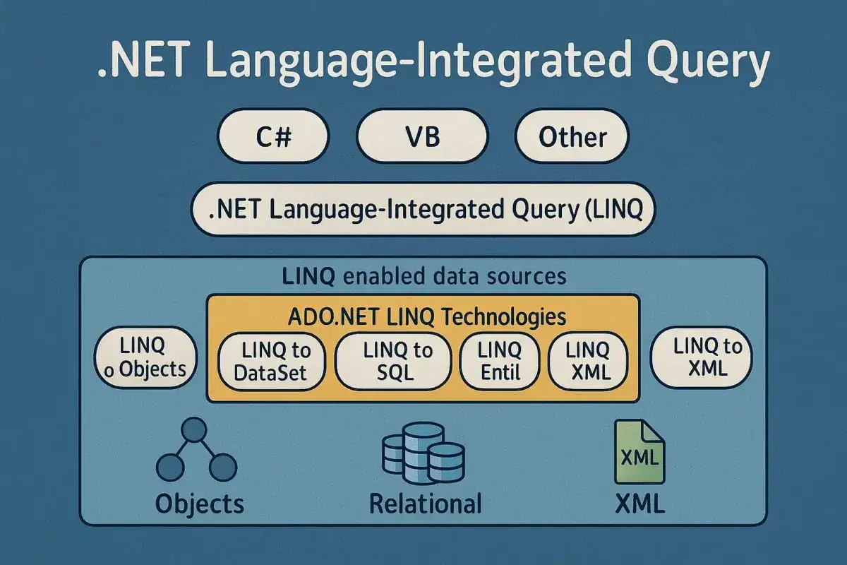 Diagram przedstawia .NET LINQ, umożliwiający zapytania do obiektów, baz danych i XML. C# i inne języki używają LINQ do przetwarzania danych, podobnie jak pętla foreach.