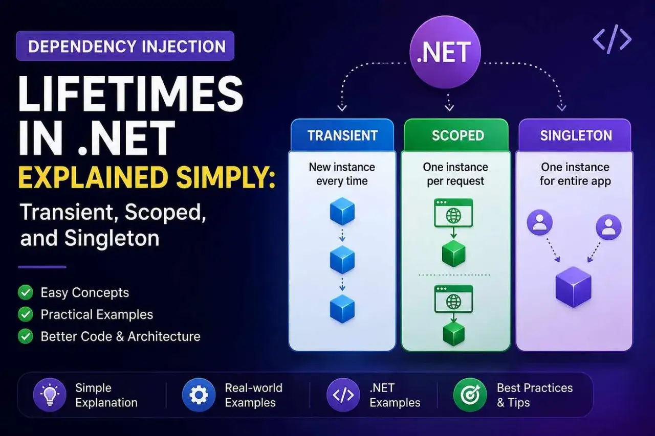 Diagram porównuje lifetimów w .NET: transient (nowa instancja za każdym razem), scoped (jedna instancja na żądanie) i singleton (jedna instancja dla całej aplikacji).