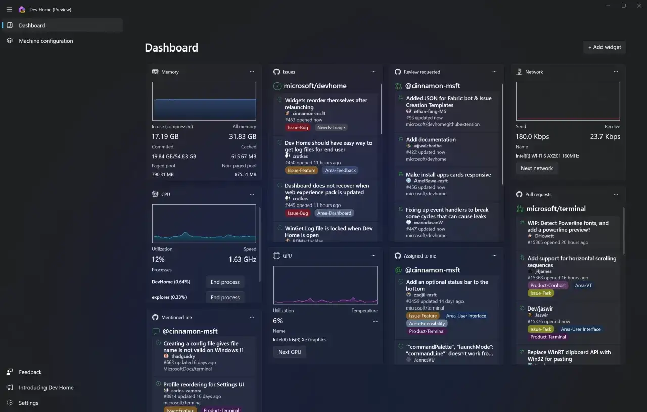 Widok pulpitu Dev Home z informacjami o pamięci, CPU, GPU, sieci, zgłoszeniach i żądaniach.
