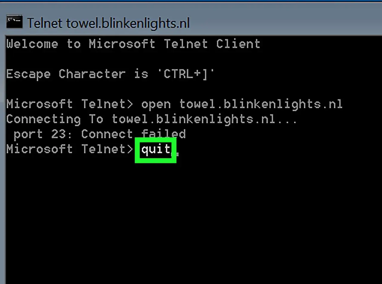 Połączenie z towel.blinkenlights.nl przez telnet w Windows nie powiodło się. Użytkownik wpisuje 