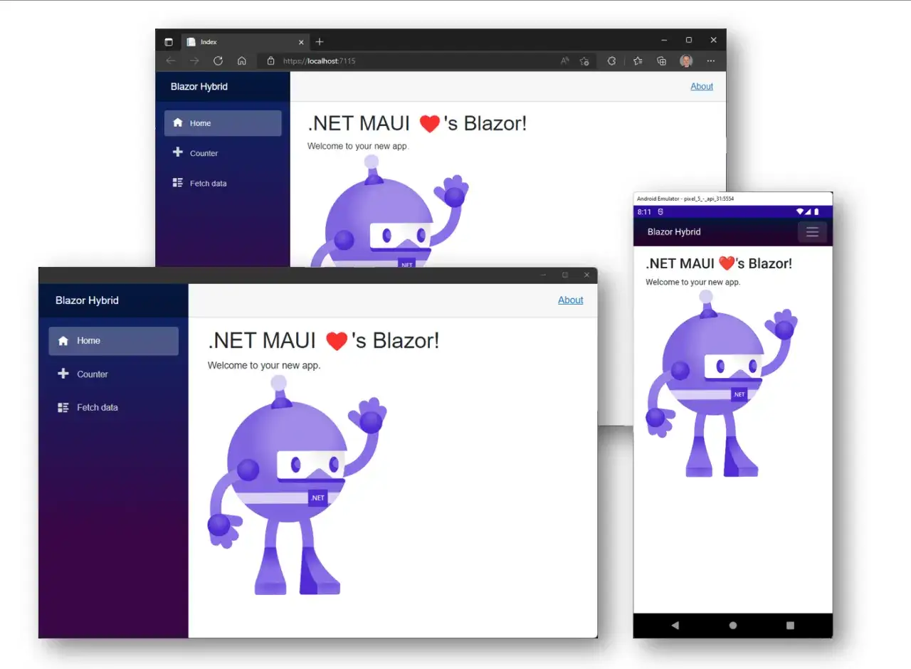 Aplikacja .NET MAUI z Blazor Hybrid, wyświetlająca przyjaznego robota na ekranach przeglądarki i emulatora Androida.