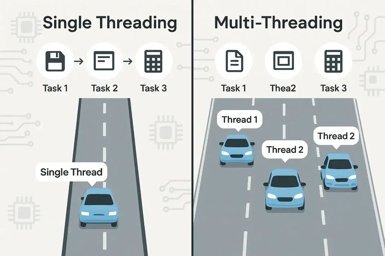 Por&oacute;wnanie Single Threading (jeden samoch&oacute;d na drodze) i Multi-Threading (wiele samochod&oacute;w, jak w C# static).