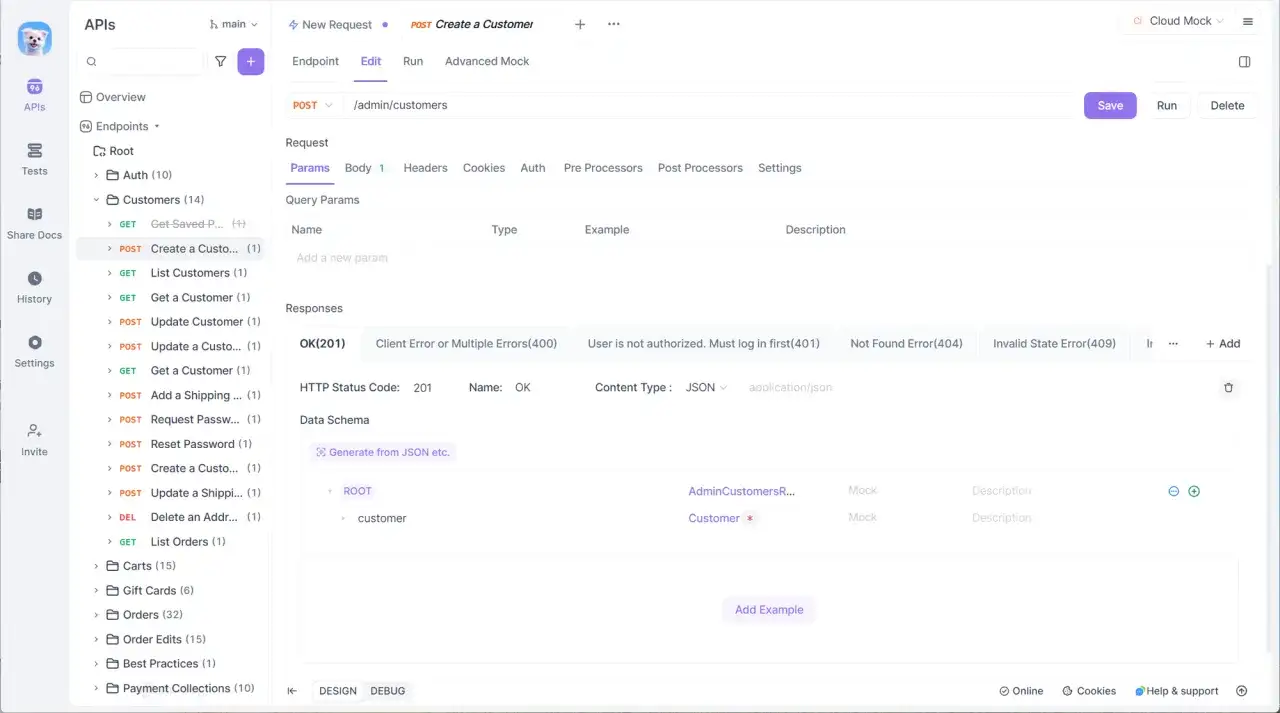 Interfejs API do zarządzania klientami. Widoczna jest konfiguracja endpointu POST /admin/customers, z opcją dodania parametr&oacute;w i odpowiedzi. Metoda GET jest dostępna w menu po lewej.