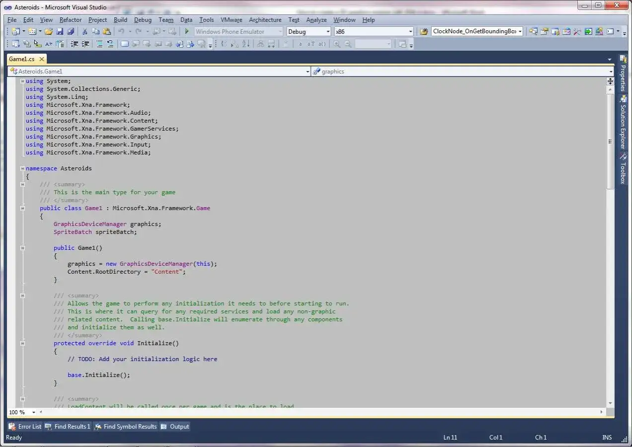 Kod C# w Visual Studio, definiujący klasę Game1 dla gry Asteroids, z użyciem XNA Framework.
