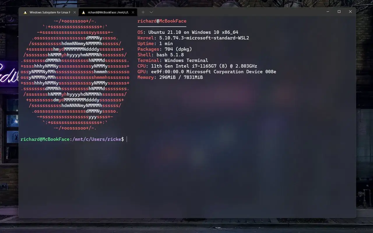 Instalacja WSL2 na Windows 11: widok terminala Ubuntu z informacjami o systemie, procesorze i pamięci.