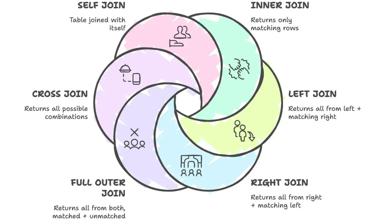 Wizualizacja r&oacute;żnych typ&oacute;w mysql join: INNER, LEFT, RIGHT, FULL OUTER, CROSS i SELF JOIN, z opisami ich działania.
