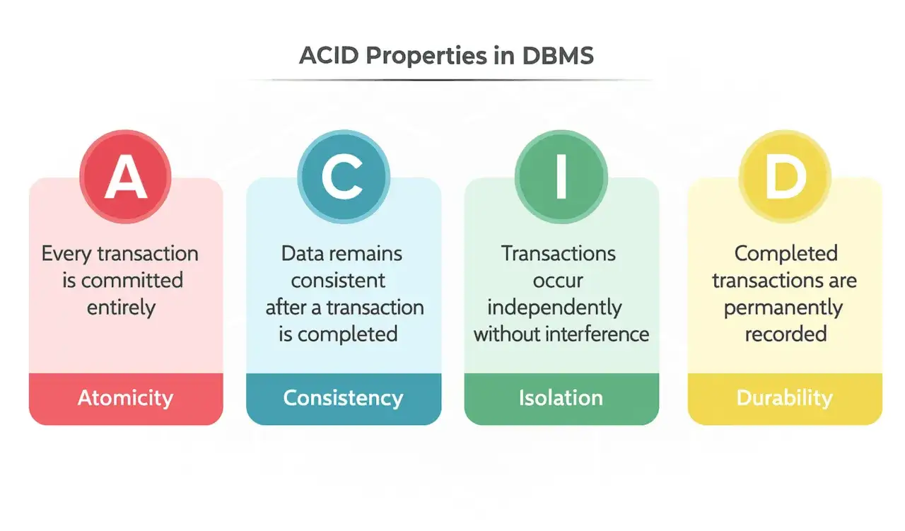 Wizualizacja właściwości ACID dla transakcji baz danych: Atomicity, Consistency, Isolation, Durability.