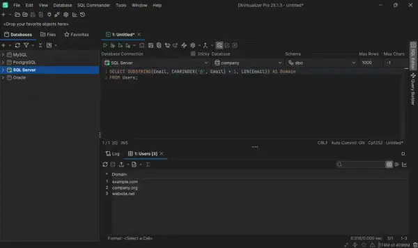 SQL Server: zapytanie z funkcją mssql substring do wyodrębnienia domeny z adresu email.